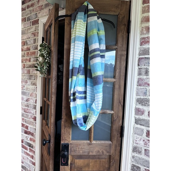 Calvin Klein Women's Infinity Scarf Lime/Turquoise/Navy Striped 36x28 - Picture 2 of 11